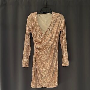 Elegant Sequin Gold Faux Wrap Dress